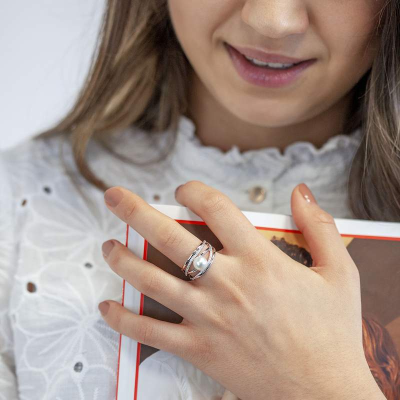 Bague argent 925, perle de culture de Chine, zirconias. - vue porté 1