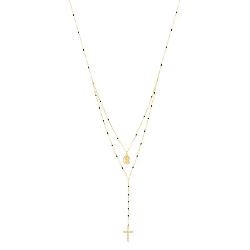 Collier plaqué or zirconias Vierge Miraculeuse et Croix 45 cm - vue 1