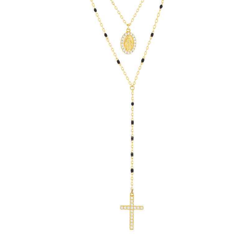 Collier plaqué or zirconias Vierge Miraculeuse et Croix 45 cm - vue 2