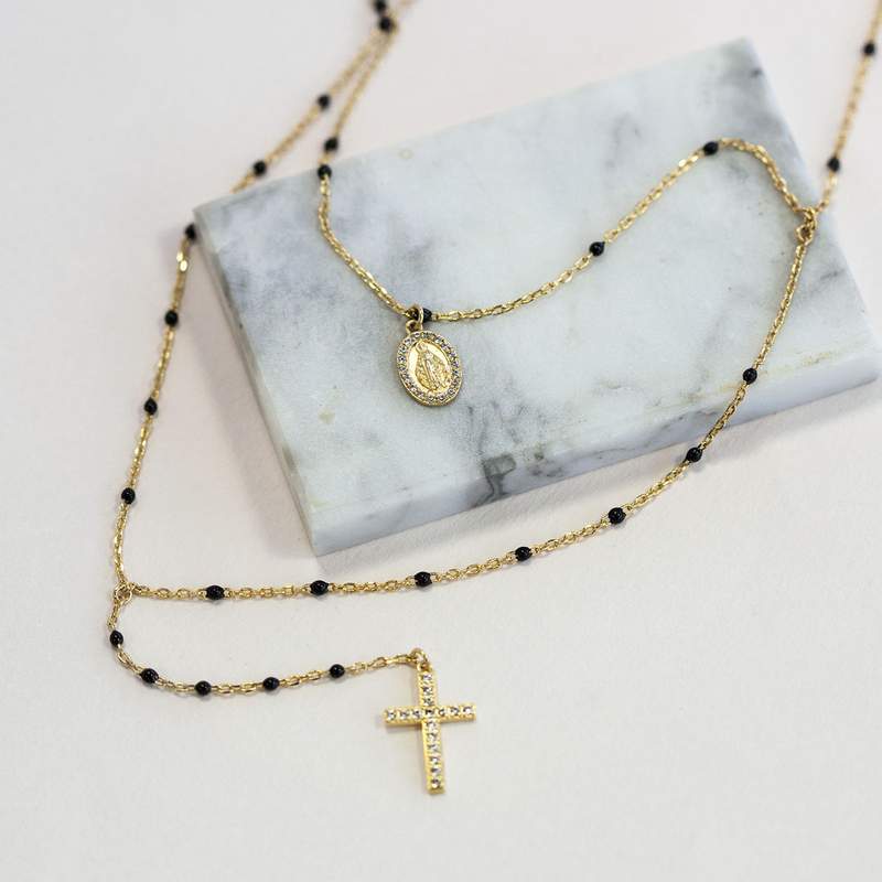 Collier plaqué or zirconias Vierge Miraculeuse et Croix 45 cm - vue D3