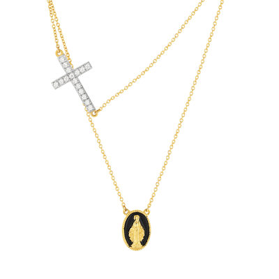 Collier or jaune 375 vierge miraculeuse croix zirconias