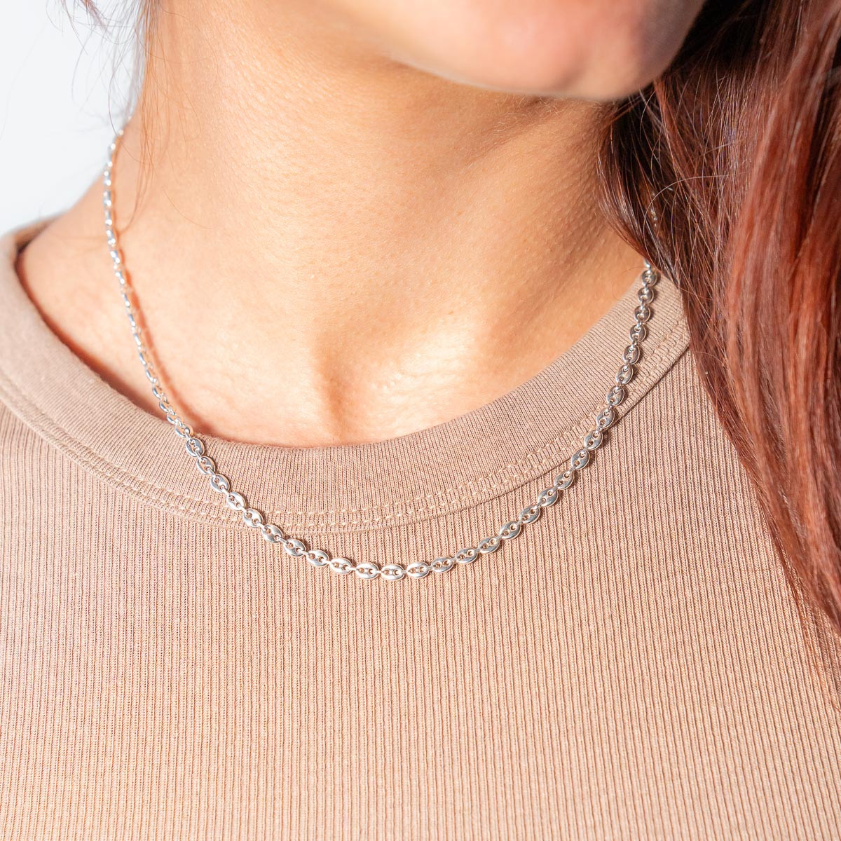 Collier argent 925 maille grain de café 45 cm - vue porté 1