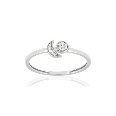 Bague or blanc 375 diamants, motif lune et soleil - vue 1