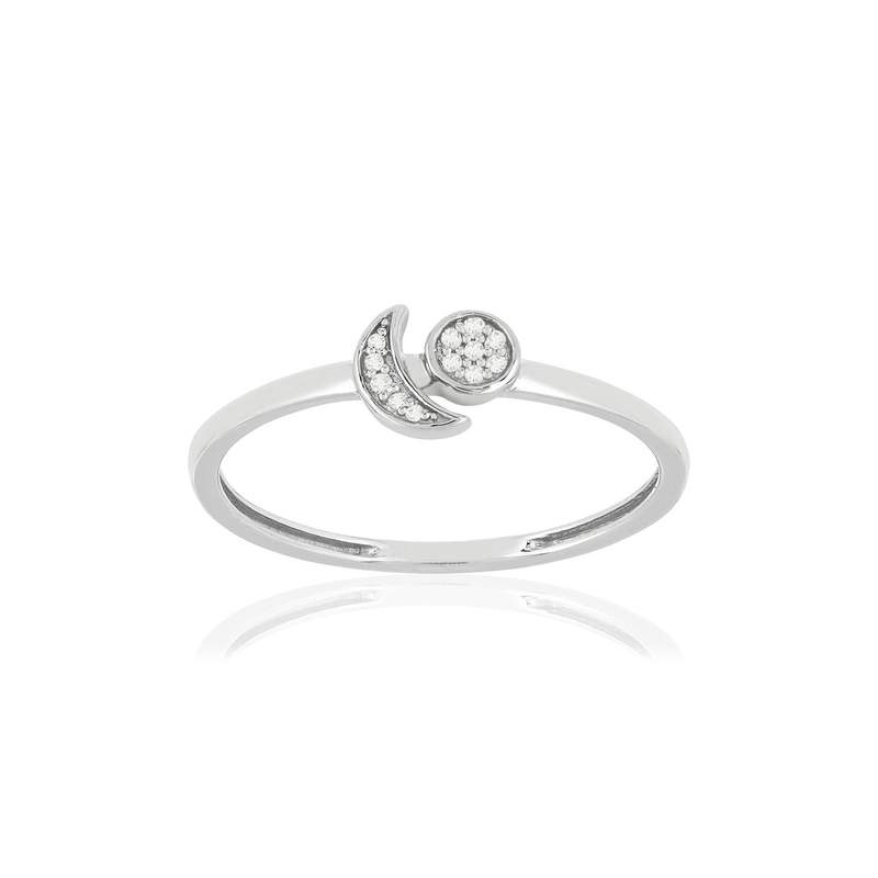 Bague or blanc 375 diamants, motif lune et soleil - vue 1