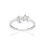 Bague or blanc 375 diamants, motif lune et étoile - vue 1