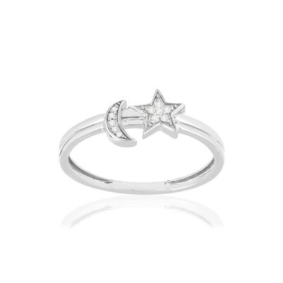 Bague or blanc 375 diamants, motif lune et étoile - vue 1