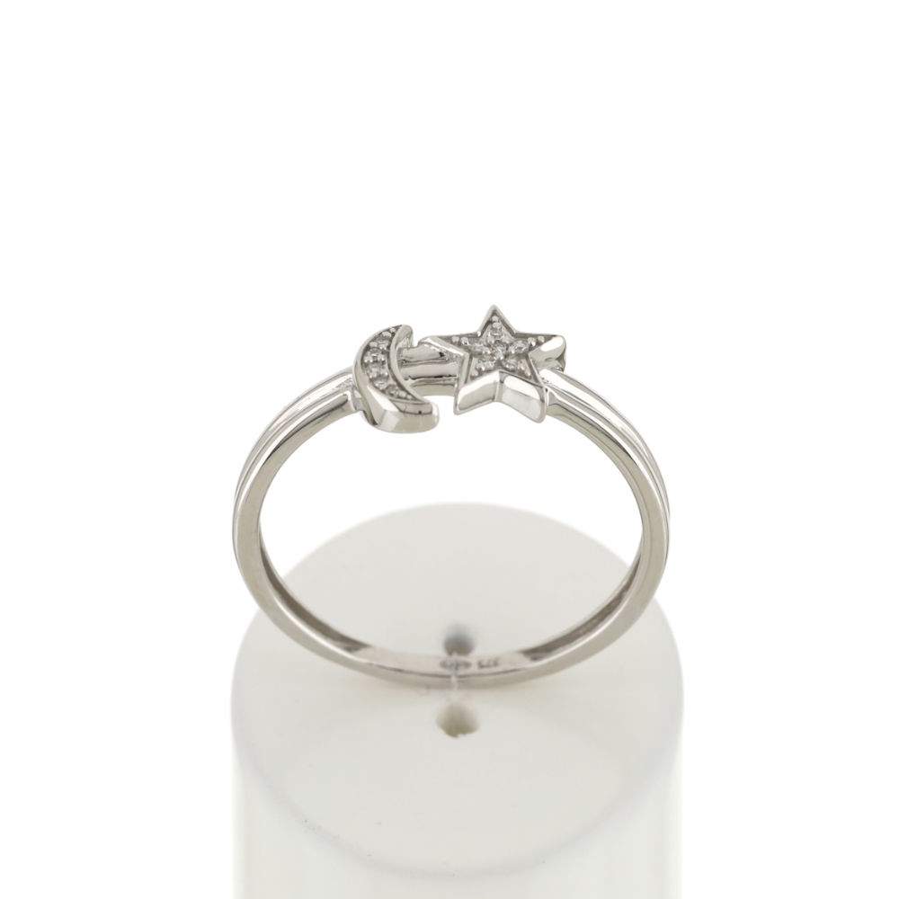 Bague or blanc 375 diamants, motif lune et étoile - vue 1