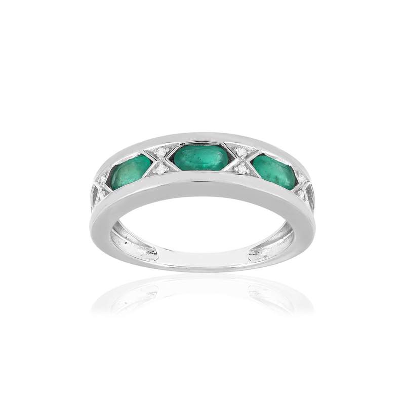 Bague or blanc 750 émeraudes diamants - vue 1