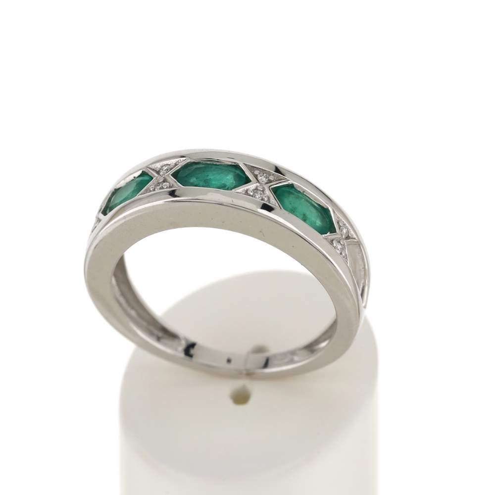Bague or blanc 750 émeraudes diamants - vue 2