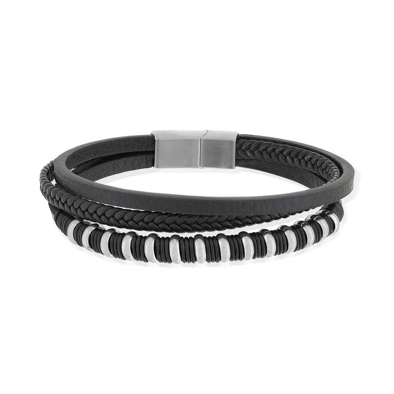 Bracelet cordon synthétique noir et acier - vue 1