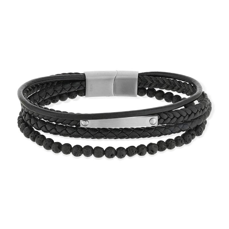 Bracelet cordon synthétique noir et acier - vue 1