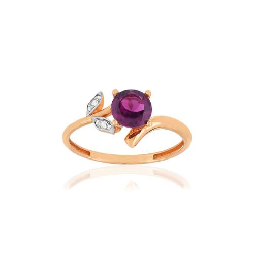 Bague or 375 2 tons grenat rhodolite diamants motif fleur