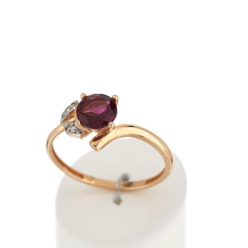 Bague or 375 2 tons grenat rhodolite diamants motif fleur - vue 2