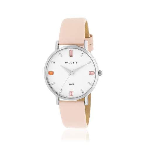 Chrome-plated ladies' watch with pink leather strap