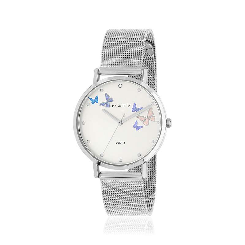 Montre femme chromée bracelet acier maille milanaise - vue 1