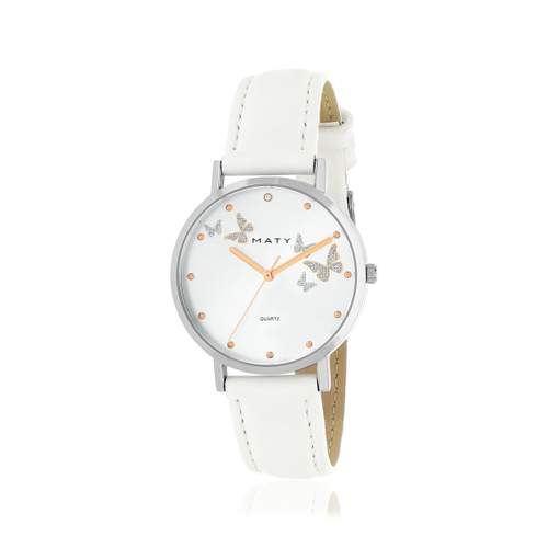 Chrome-plated ladies' watch with white leather strap