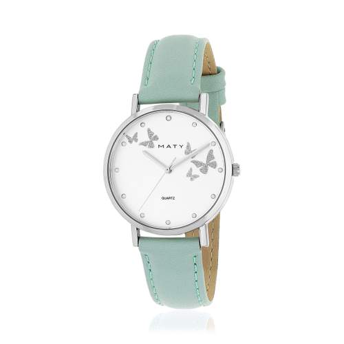 Montre femme chromée bracelet cuir bleu clair