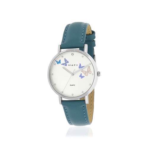 Chrome-plated ladies' watch with petrol blue leather strap