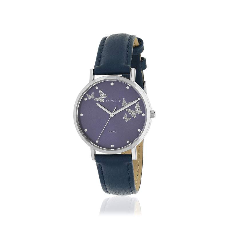 Montre femme chromée bracelet cuir bleu foncé - vue 1