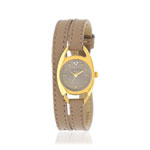 Montre femme dorée bracelet cuir marron foncé double tour - vue 1