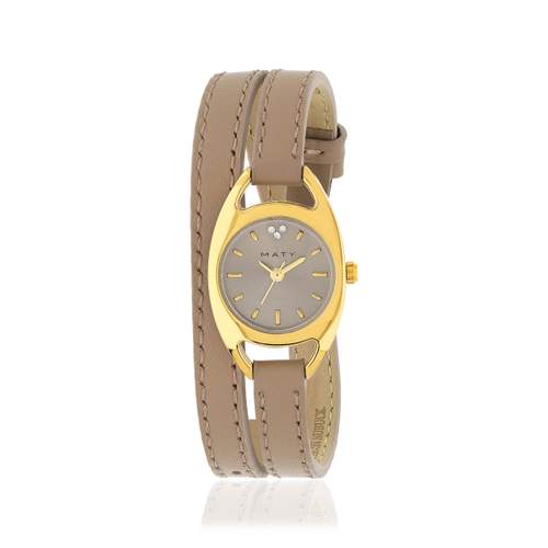 Montre femme dorée bracelet cuir marron foncé double tour
