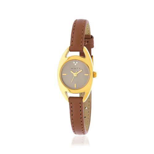 Women's gold watch with brown leather strap