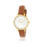 Montre femme dorée jaune bracelet cuir marron - vue 1