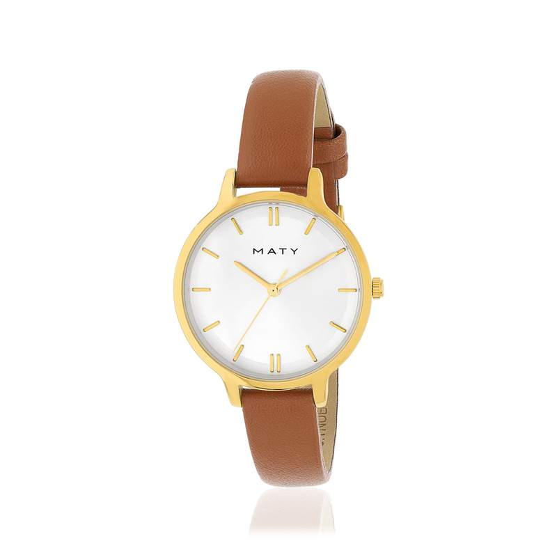 Montre femme dorée jaune bracelet cuir marron - vue 1