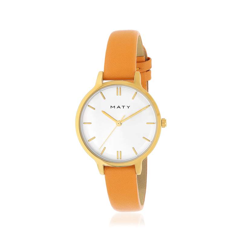Women's yellow gold watch with orange leather strap - view 1