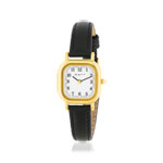 Montre femme dorée jaune bracelet cuir noir - vue 1