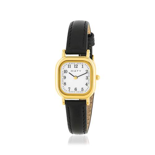 Montre femme dorée jaune bracelet cuir noir