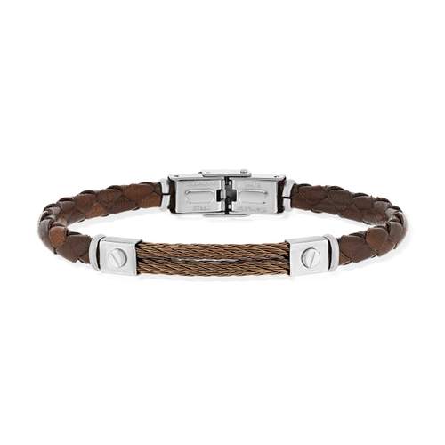 Armband van bruin leer en kabel