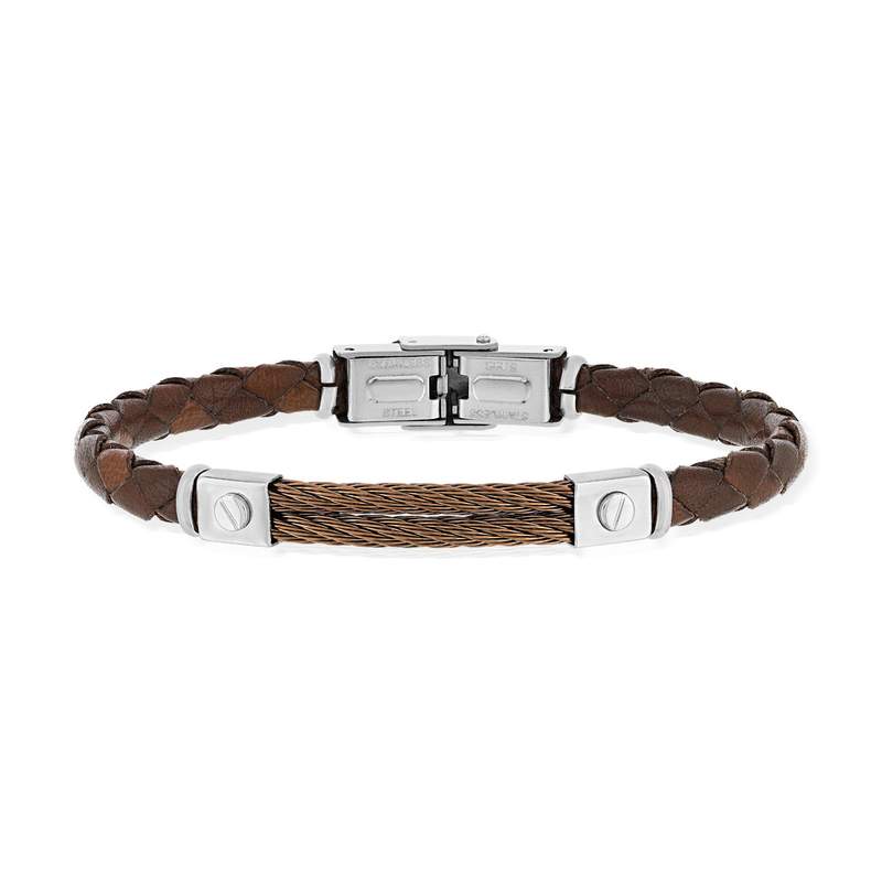 Bracelet cuir et câble marron - vue 1