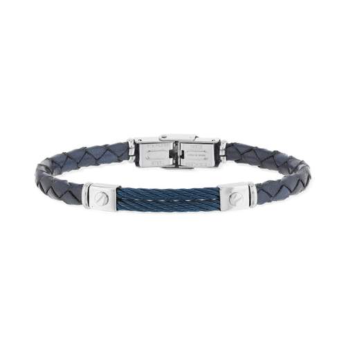 Bracelet acier cuir et câble bleu
