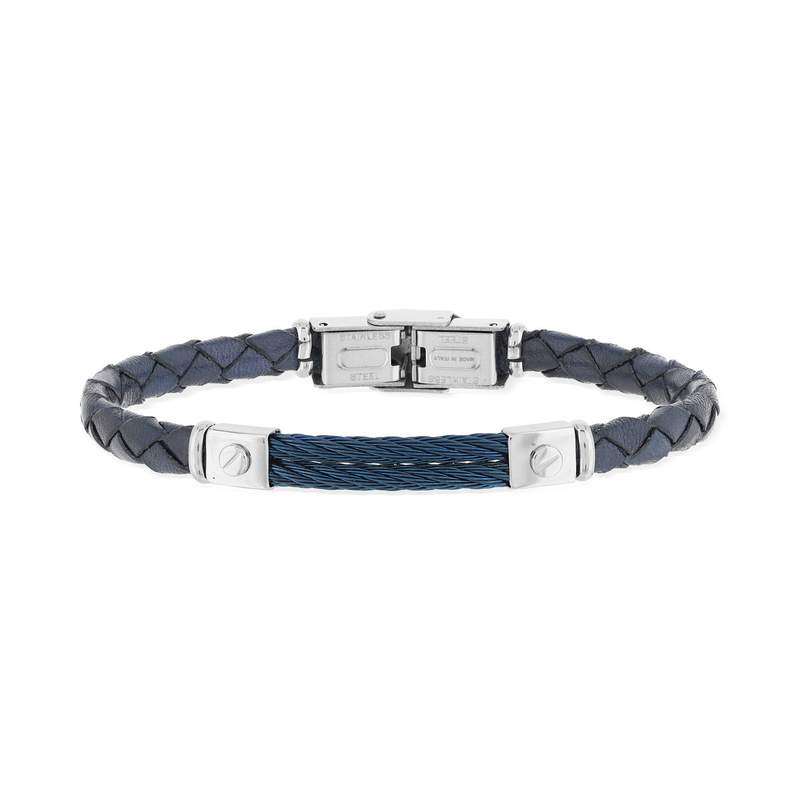 Bracelet acier cuir et câble bleu - vue 1