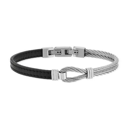 Bracelet cuir noir acier noeud marin