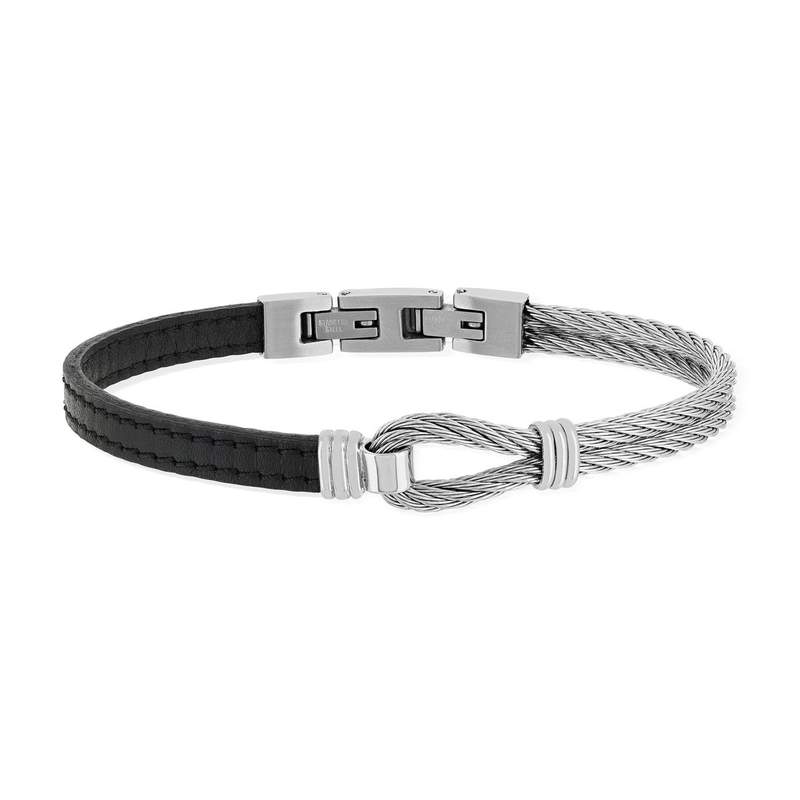 Bracelet cuir noir acier noeud marin - vue 1