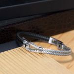 Bracelet cuir noir acier noeud marin - vue D1