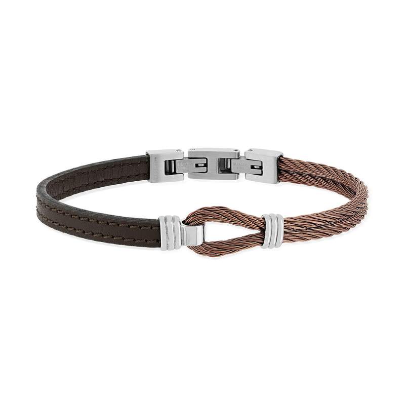 Bracelet acier cuir marron câble noeud marin - vue 1