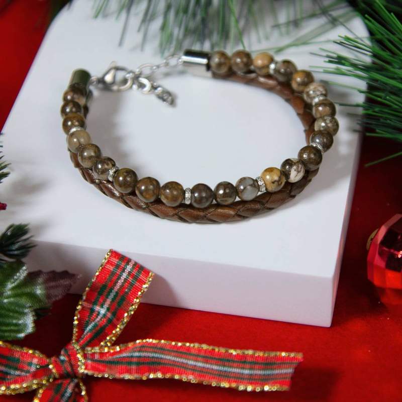 Bracelet agate cuir marron acier - vue D1