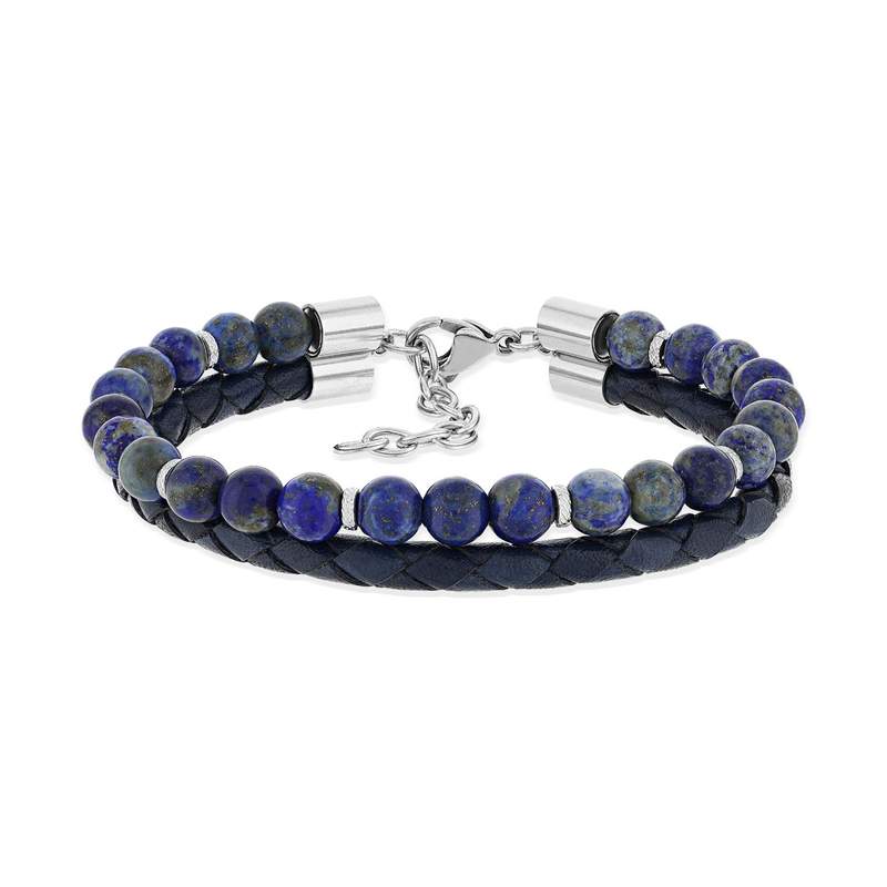 Bracelet lapis lazuli cuir bleu acier - vue 1