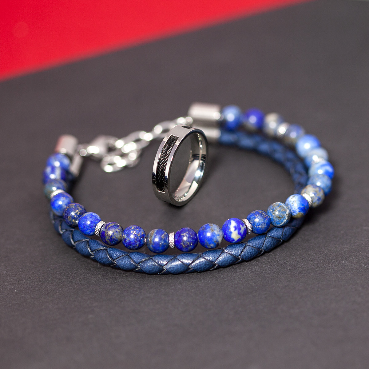 Bracelet lapis lazuli cuir bleu acier - vue D1