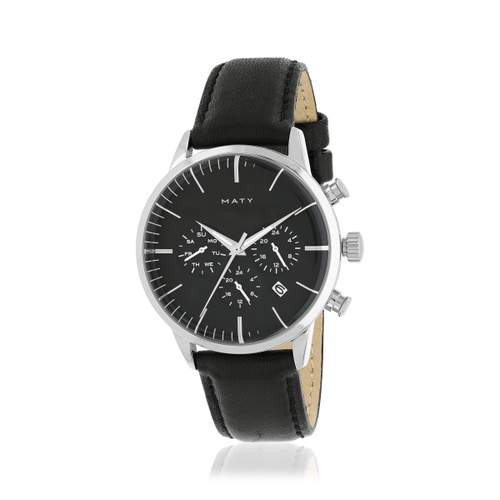 Men's stainless steel watch with black leather strap