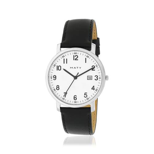 Men's stainless steel watch with black leather strap