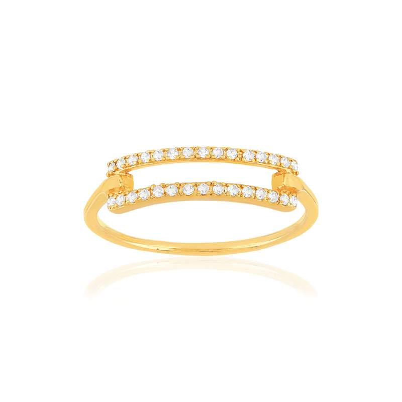Bague plaqué or motif rectangle serti de zirconias. - vue 1