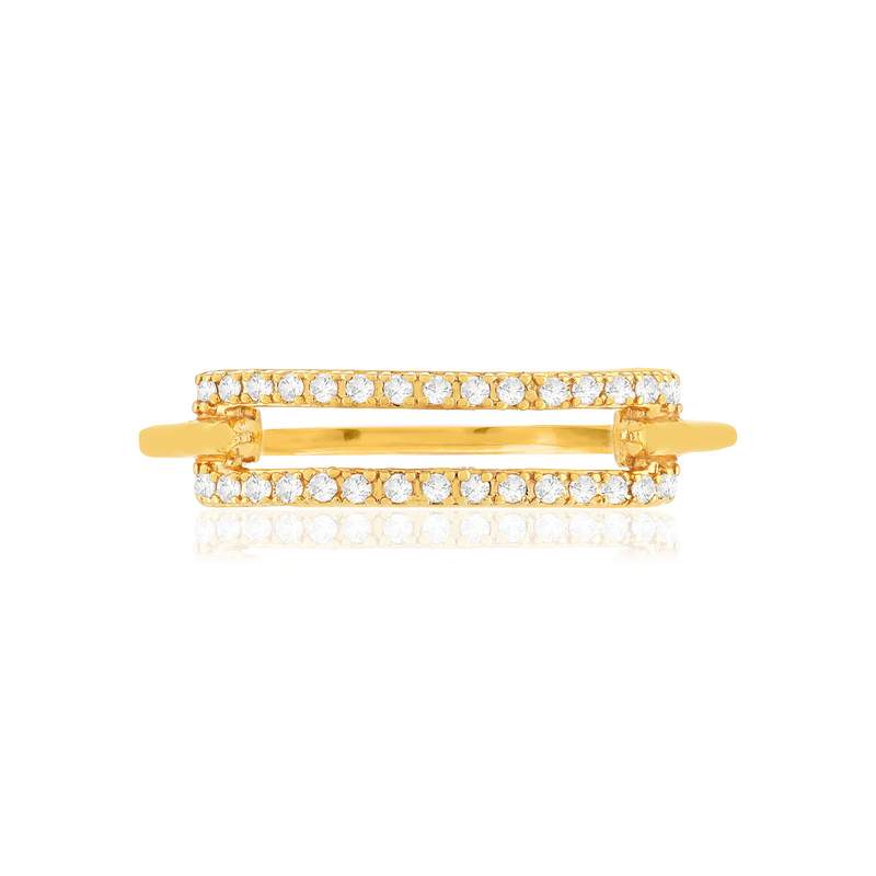Bague plaqué or motif rectangle serti de zirconias. - vue 3