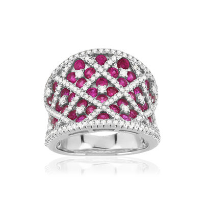 Bague argent 925 zirconias blancs et rouges motif fleur - vue 1