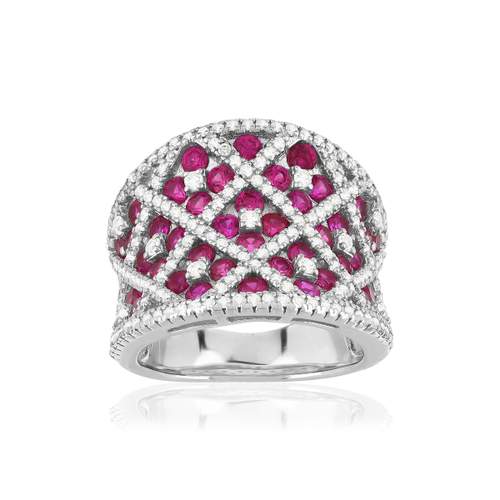 Bague argent 925 zirconias blancs et rouges motif fleur