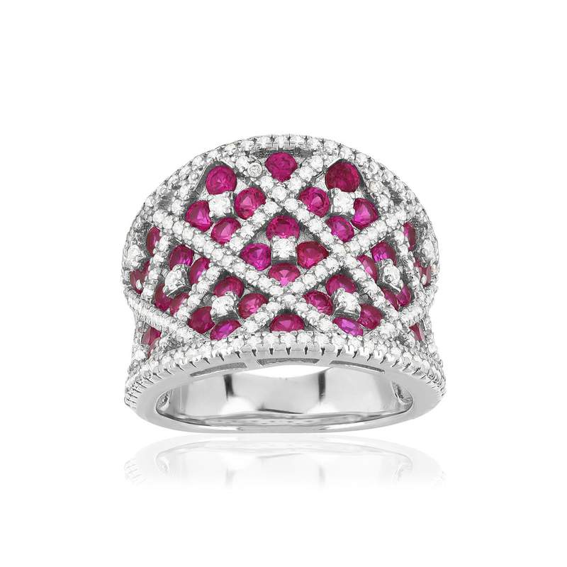 Bague argent 925 zirconias blancs et rouges motif fleur - vue 1