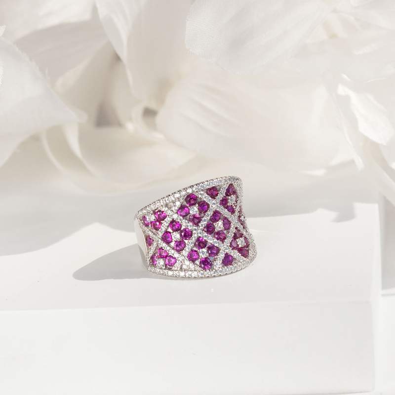 Bague argent 925 zirconias blancs et rouges motif fleur - vue 3
